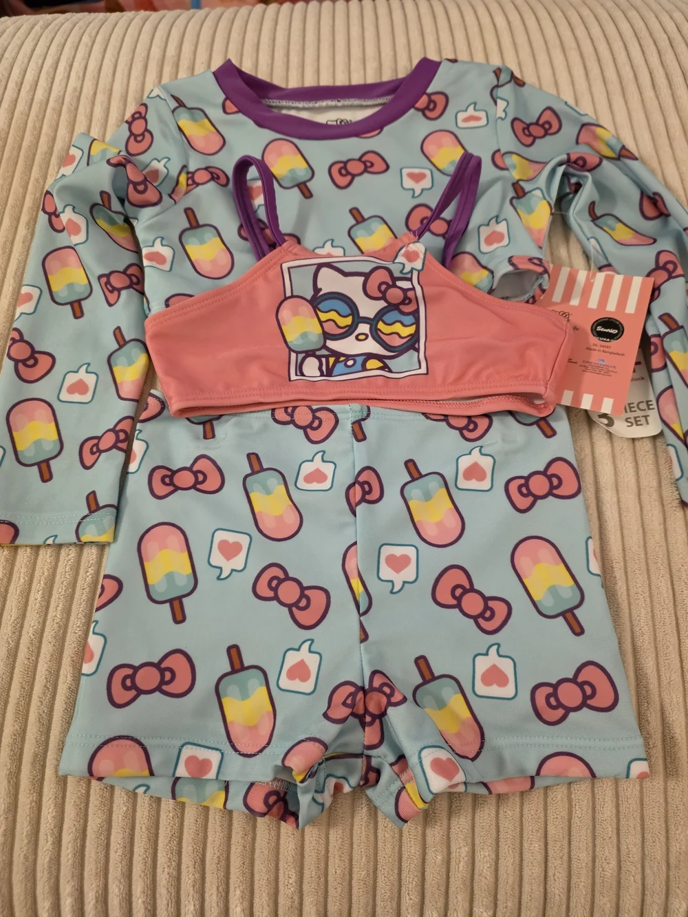 Girls' Hello Kitty Pink & Aqua Popsicle Three-Piece Swim Set